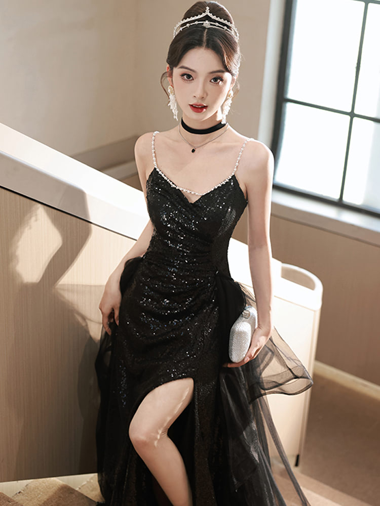 Luxury Black Banquet Party Evening Long Dress Sleeveless Ball Gown01