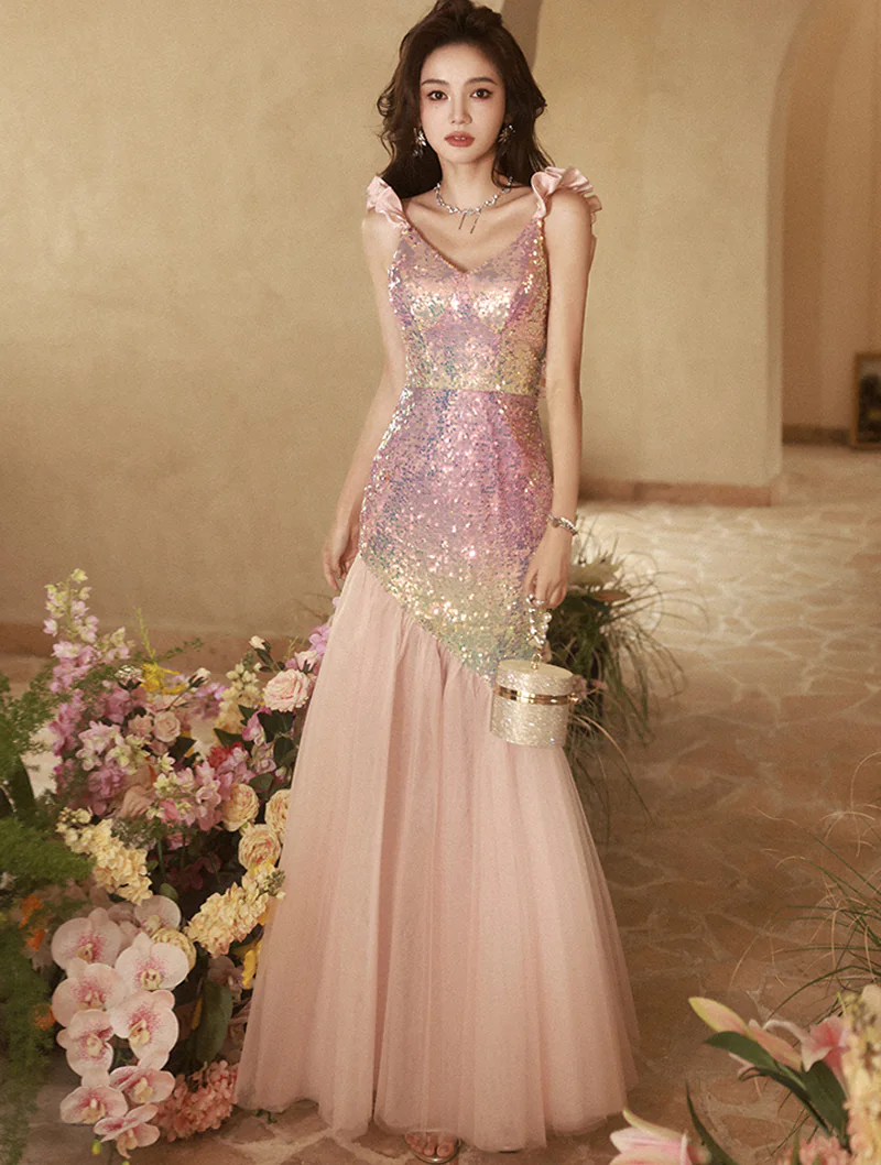 Luxury Pink Sequins Fishtail Celebrity Party Evening Slip Dress Formal Gown01