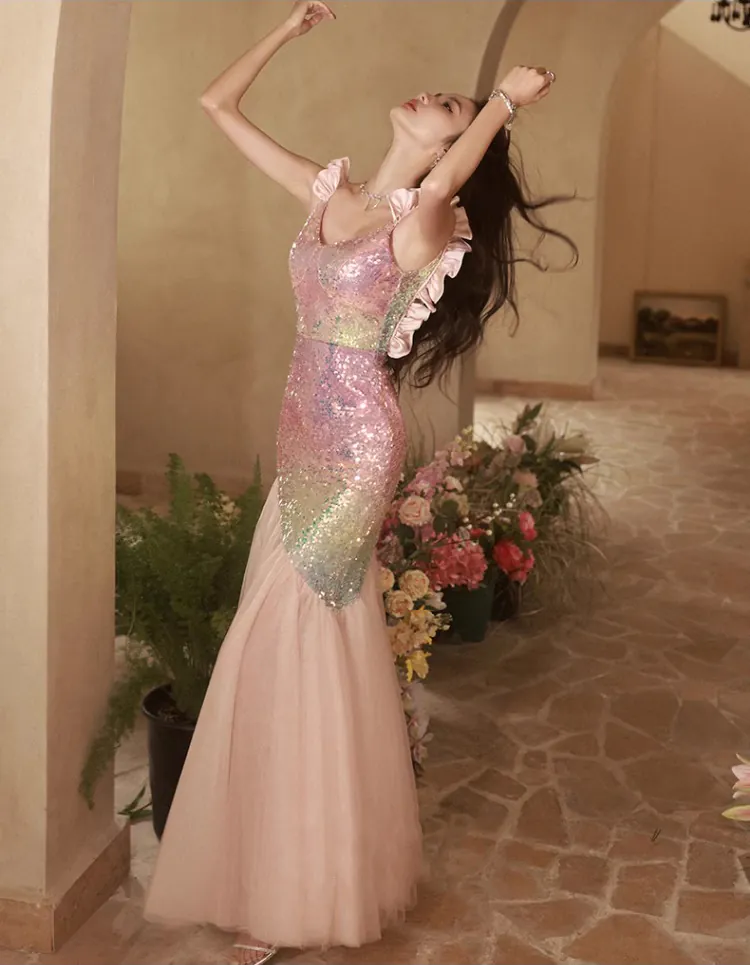 Luxury-Pink-Sequins-Fishtail-Celebrity-Party-Evening-Slip-Dress-Formal-Gown11