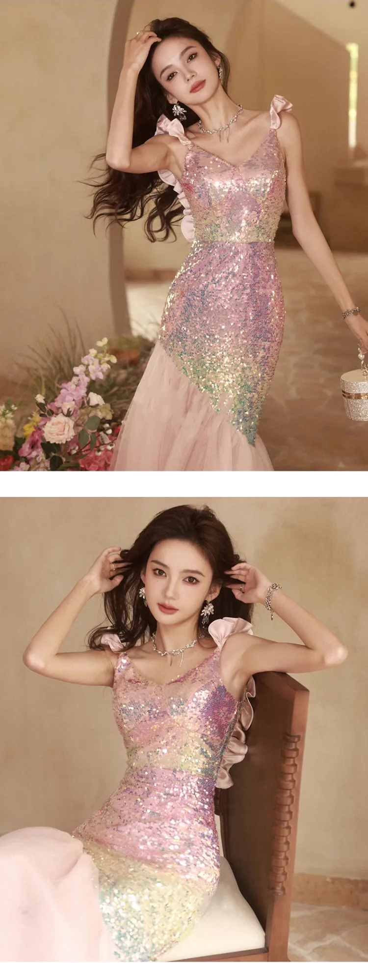 Luxury-Pink-Sequins-Fishtail-Celebrity-Party-Evening-Slip-Dress-Formal-Gown13