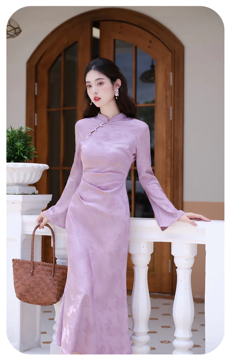 Modern-Soft-Lavender-Jacquard-Silky-Satin-Long-Sleeve-Cheongsam-Qipao-Dress07