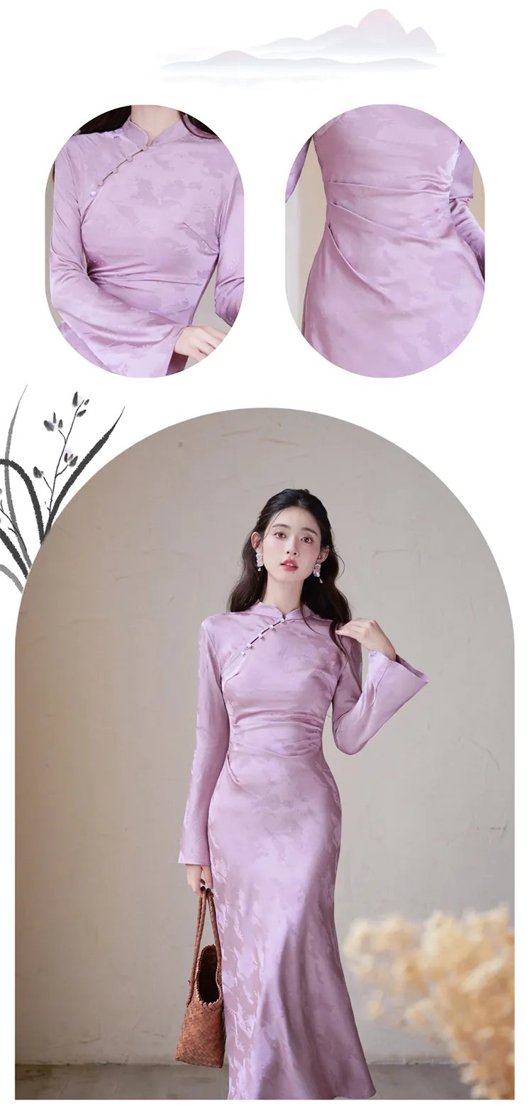 Modern-Soft-Lavender-Jacquard-Silky-Satin-Long-Sleeve-Cheongsam-Qipao-Dress08