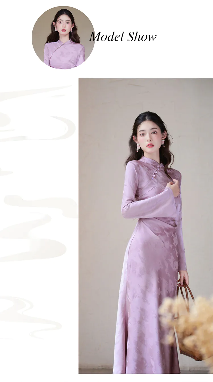 Modern-Soft-Lavender-Jacquard-Silky-Satin-Long-Sleeve-Cheongsam-Qipao-Dress09