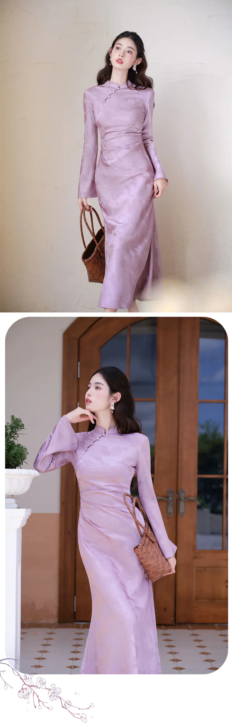 Modern-Soft-Lavender-Jacquard-Silky-Satin-Long-Sleeve-Cheongsam-Qipao-Dress10