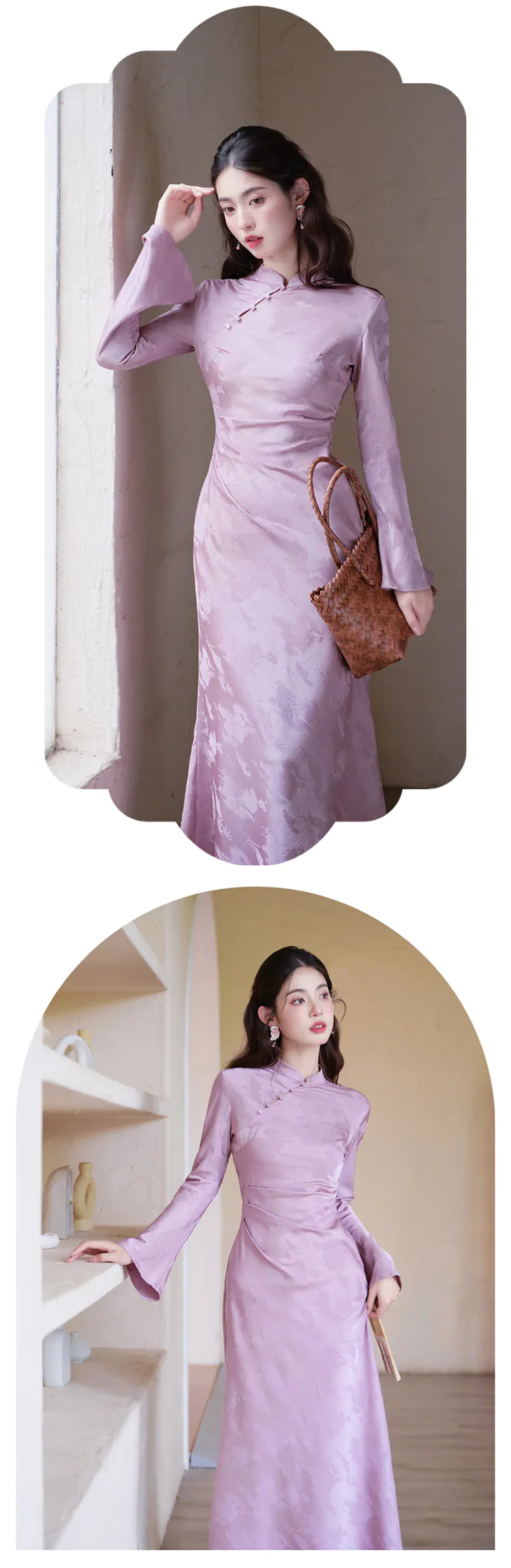 Modern-Soft-Lavender-Jacquard-Silky-Satin-Long-Sleeve-Cheongsam-Qipao-Dress11