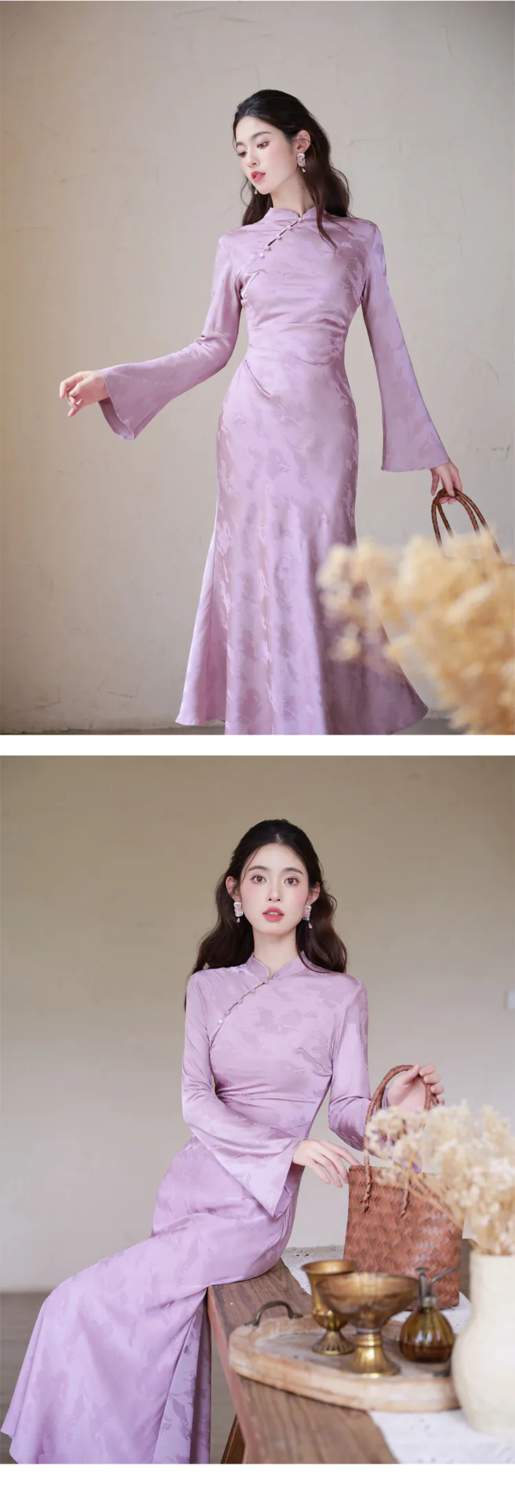 Modern-Soft-Lavender-Jacquard-Silky-Satin-Long-Sleeve-Cheongsam-Qipao-Dress12