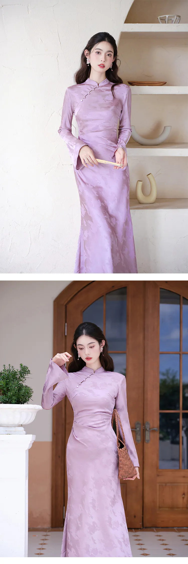 Modern-Soft-Lavender-Jacquard-Silky-Satin-Long-Sleeve-Cheongsam-Qipao-Dress13