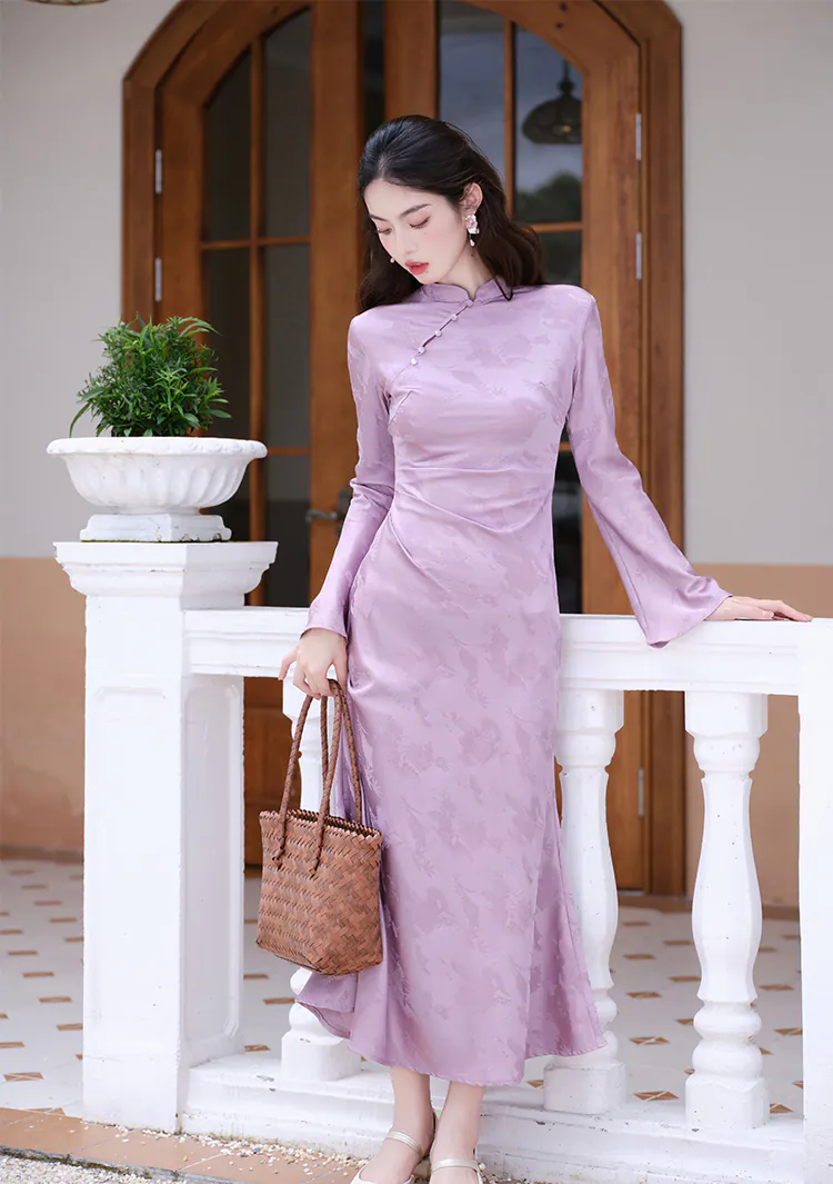 Modern-Soft-Lavender-Jacquard-Silky-Satin-Long-Sleeve-Cheongsam-Qipao-Dress14