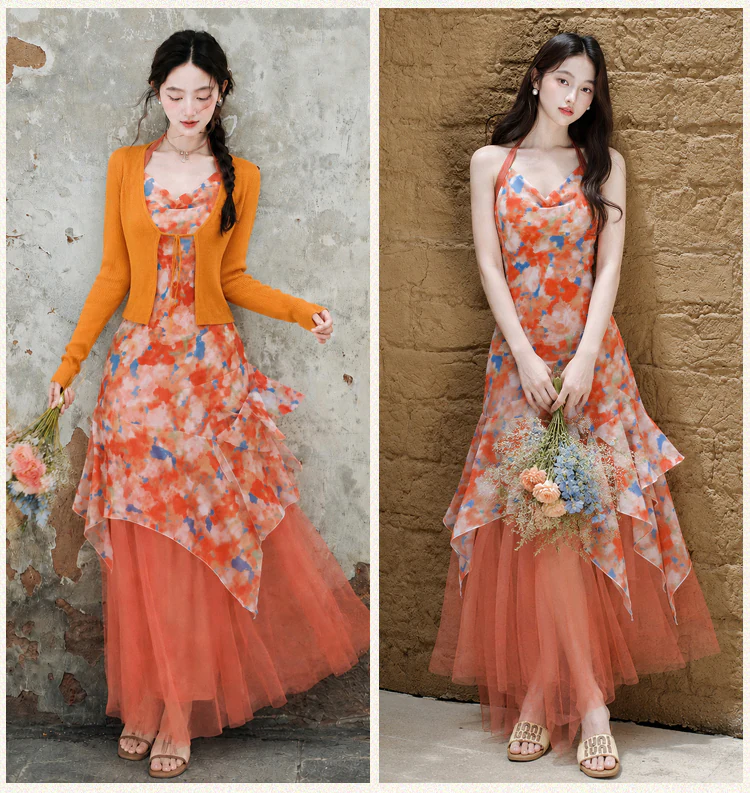 Orange-Watercolor-Print-Tulle-Layered-Slip-Dress-with-Cropped-Cardigan-Set07