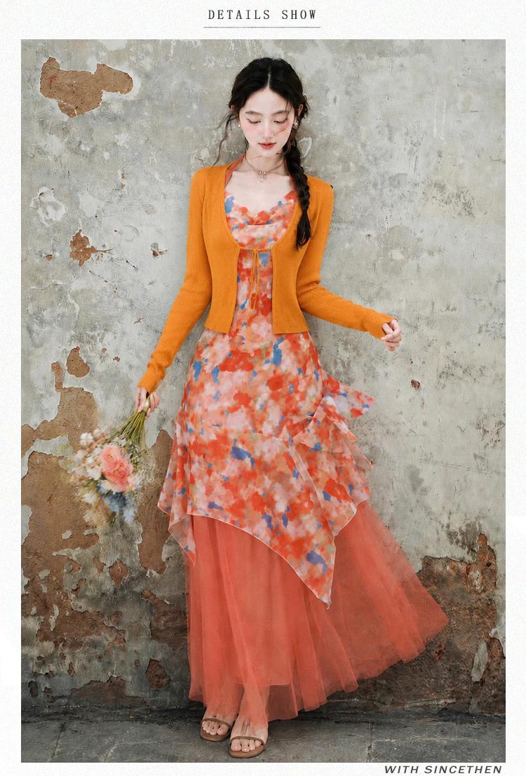 Orange-Watercolor-Print-Tulle-Layered-Slip-Dress-with-Cropped-Cardigan-Set09