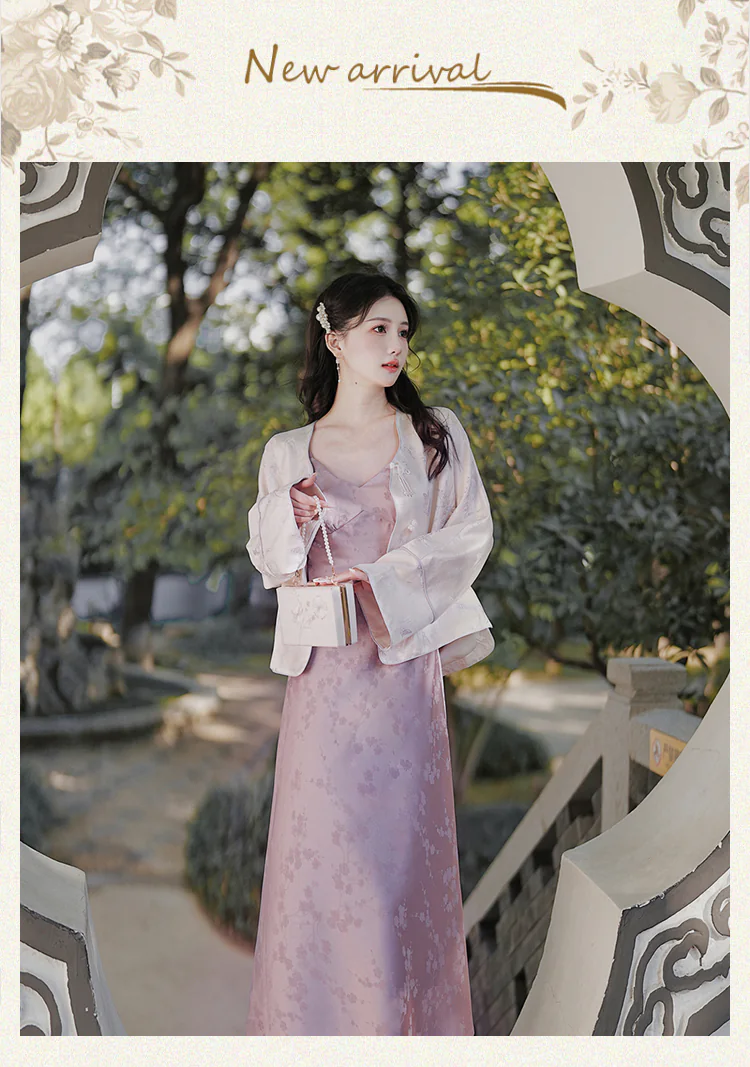 Purple Chinese Style Jacquard Coat with Satin Slip Dress 2 Piece