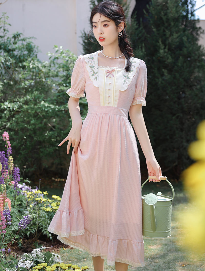 Romance Vintage Plaid Embroidery Summer Casual Long Dress01