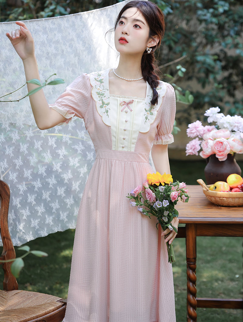Romance Vintage Plaid Embroidery Summer Casual Long Dress – FloraShe