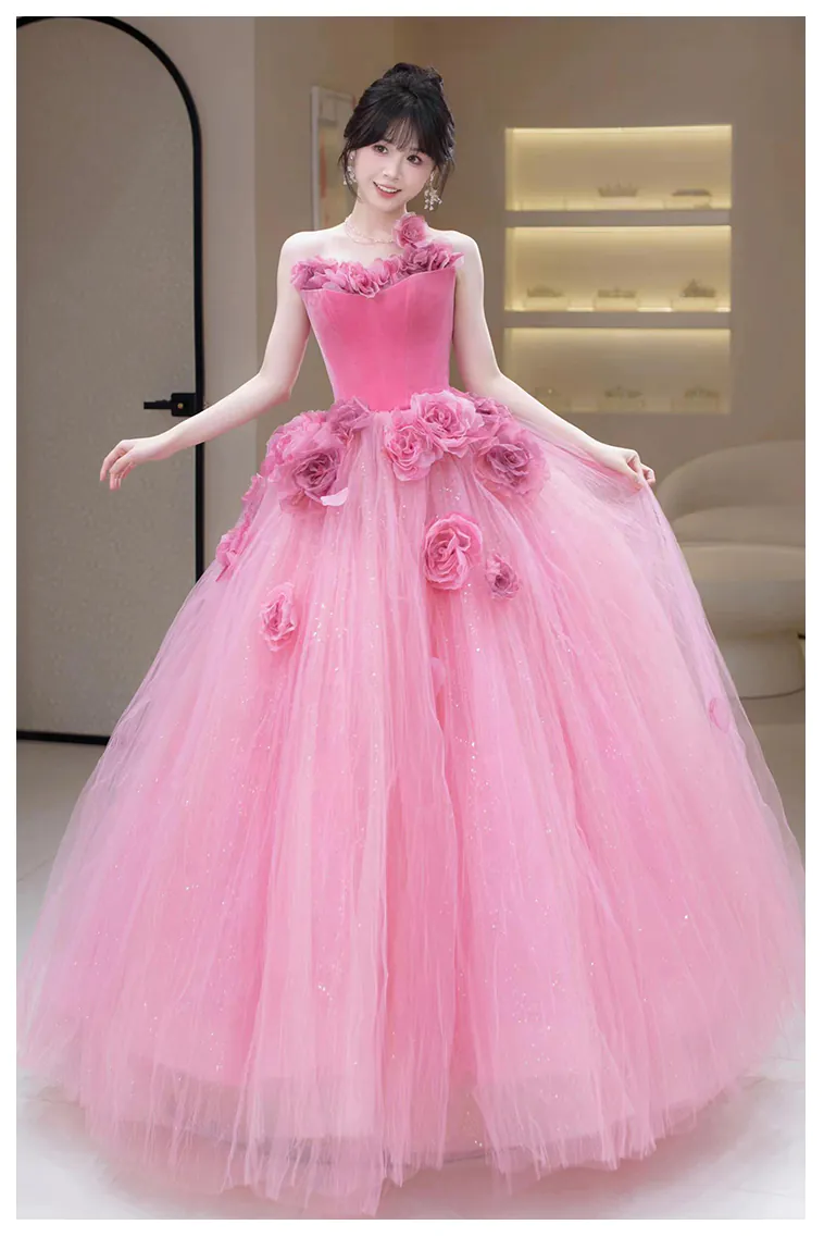 Romantic-Blush-Pink-3D-Rose-Floral-Princess-Tulle-Evening-Gala-Party-Gown15