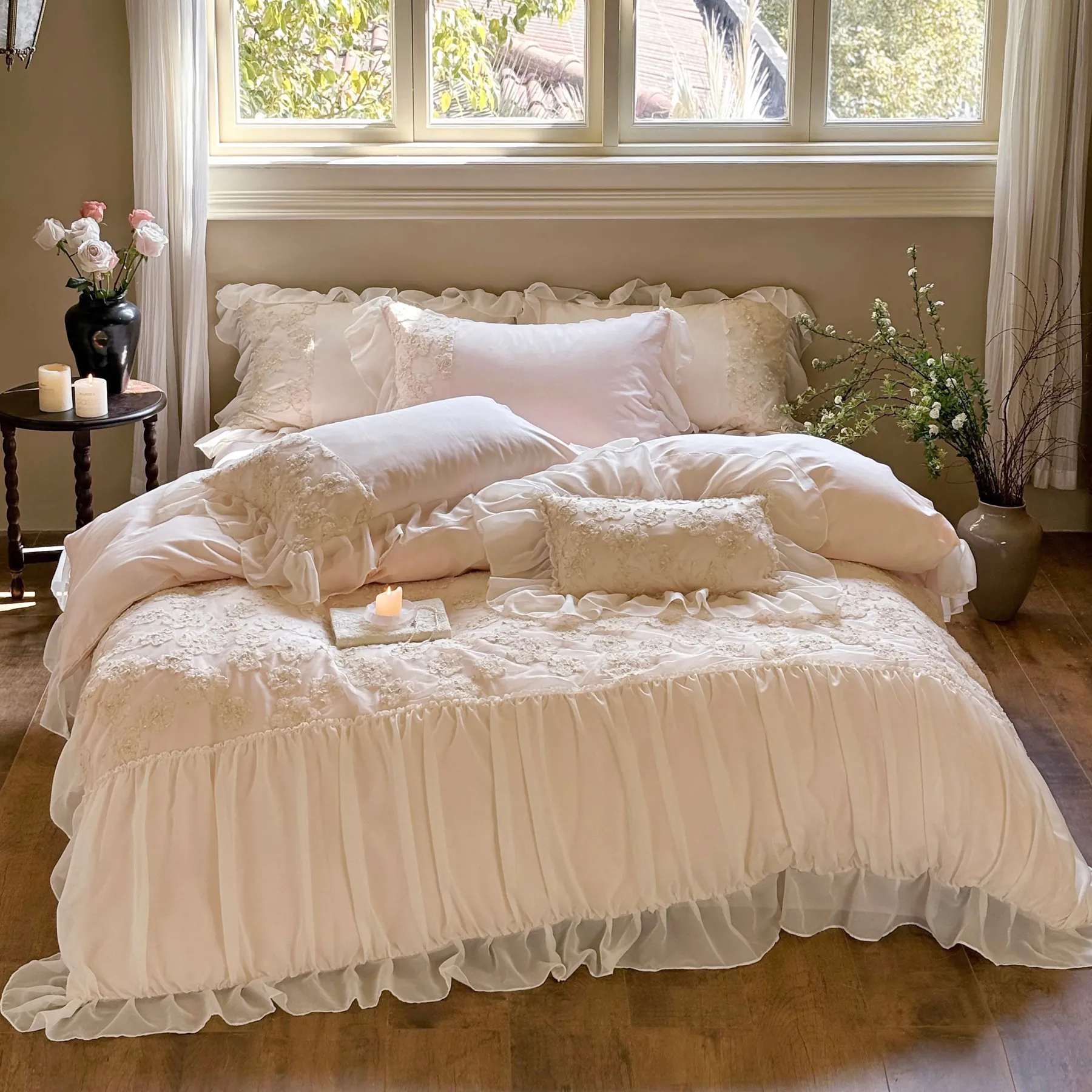 Romantic Platinum Cotton 3D Flower Ruffle Chiffon Lace Bedding Set01