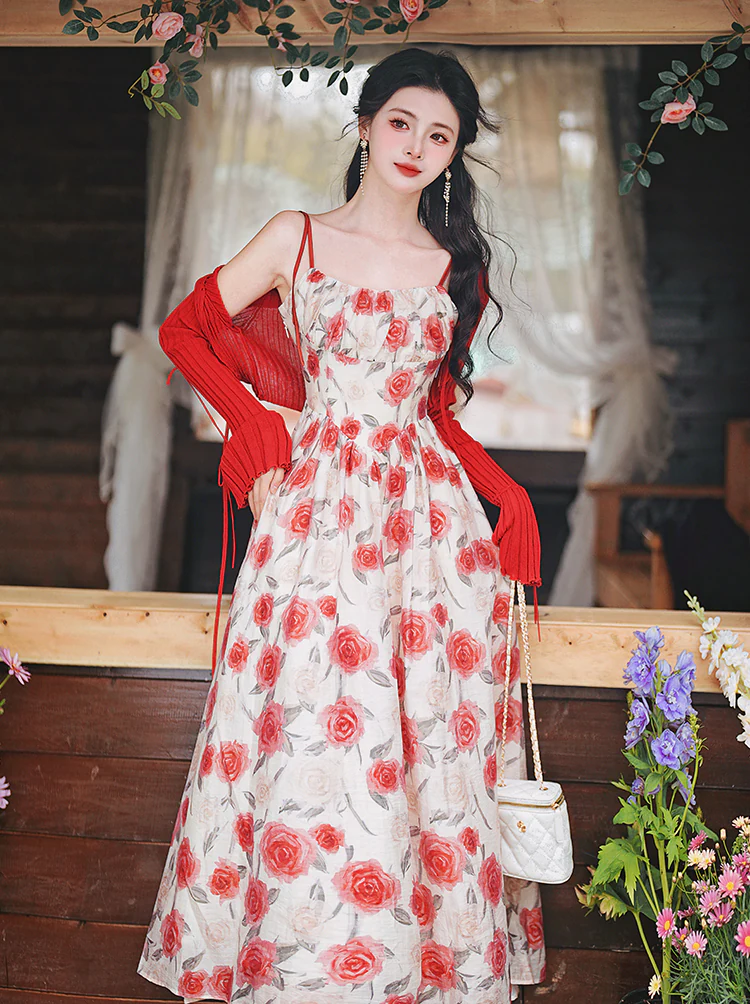 Romantic-Red-Floral-Print-Slip-Dress-Knitted-Cropped-Cardigan-Outfit-Set07