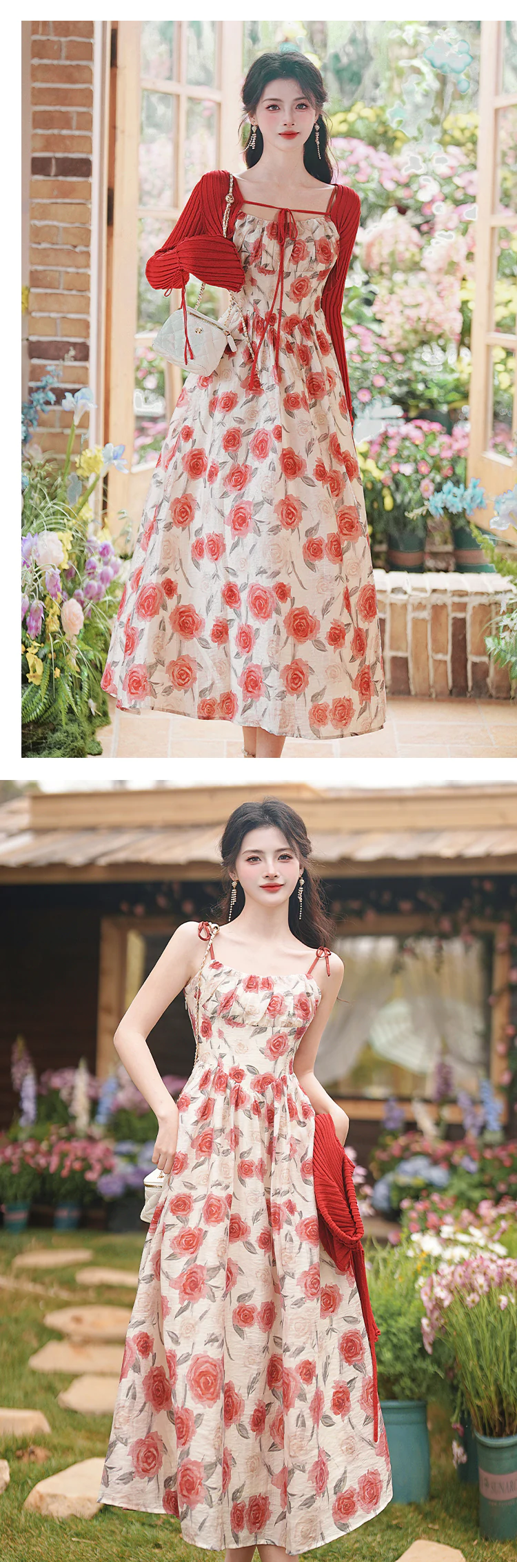 Romantic-Red-Floral-Print-Slip-Dress-Knitted-Cropped-Cardigan-Outfit-Set11