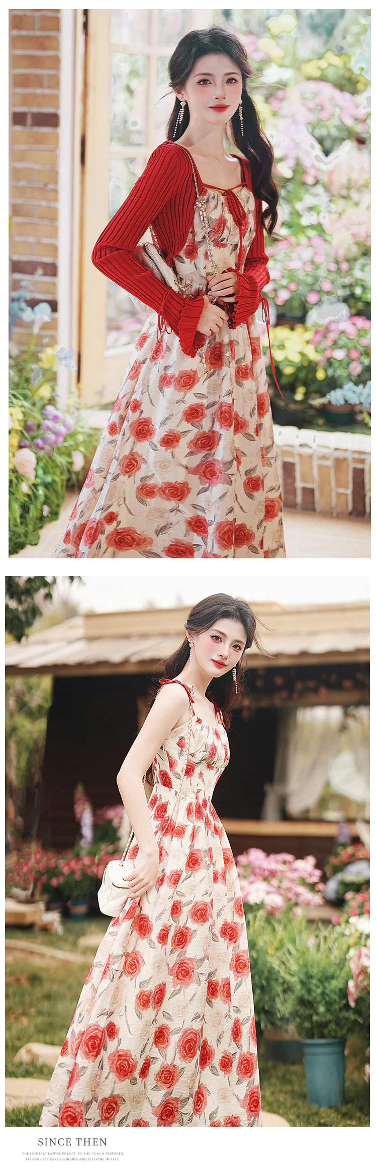 Romantic-Red-Floral-Print-Slip-Dress-Knitted-Cropped-Cardigan-Outfit-Set14