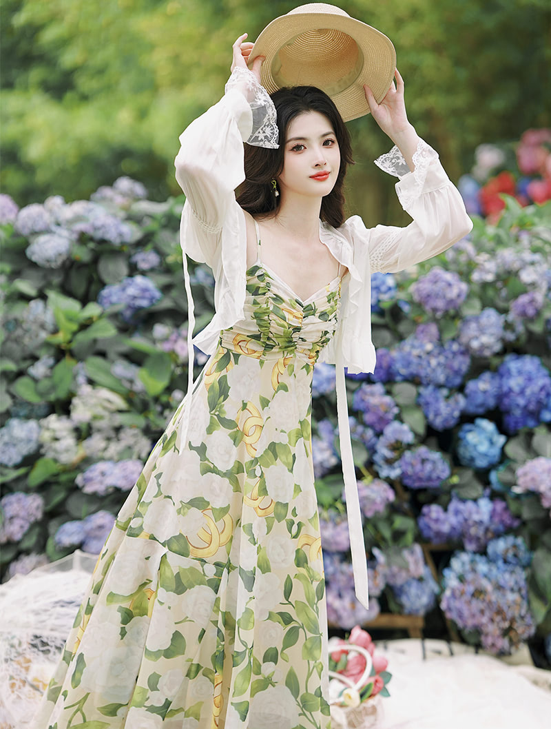 Romantic Vintage Floral Print Slip Dress with Lace Trim Sleeve Cardigan Set02