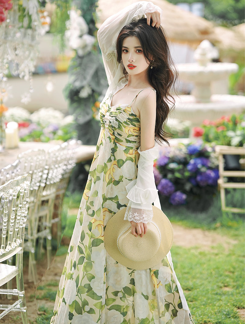 Romantic Vintage Floral Print Slip Dress with Lace Trim Sleeve Cardigan Set04