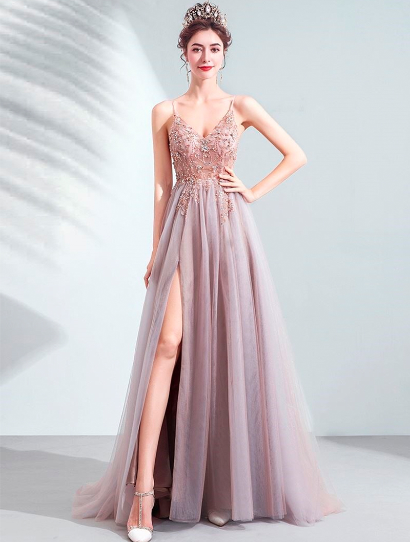 Sexy and Elegant V neck Pink Evening Wedding Prom Dress01