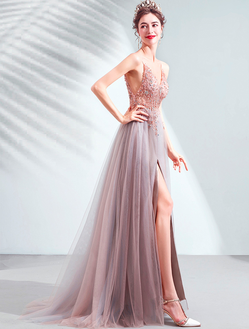 Sexy and Elegant V-neck Pink Evening Wedding Prom Dress04