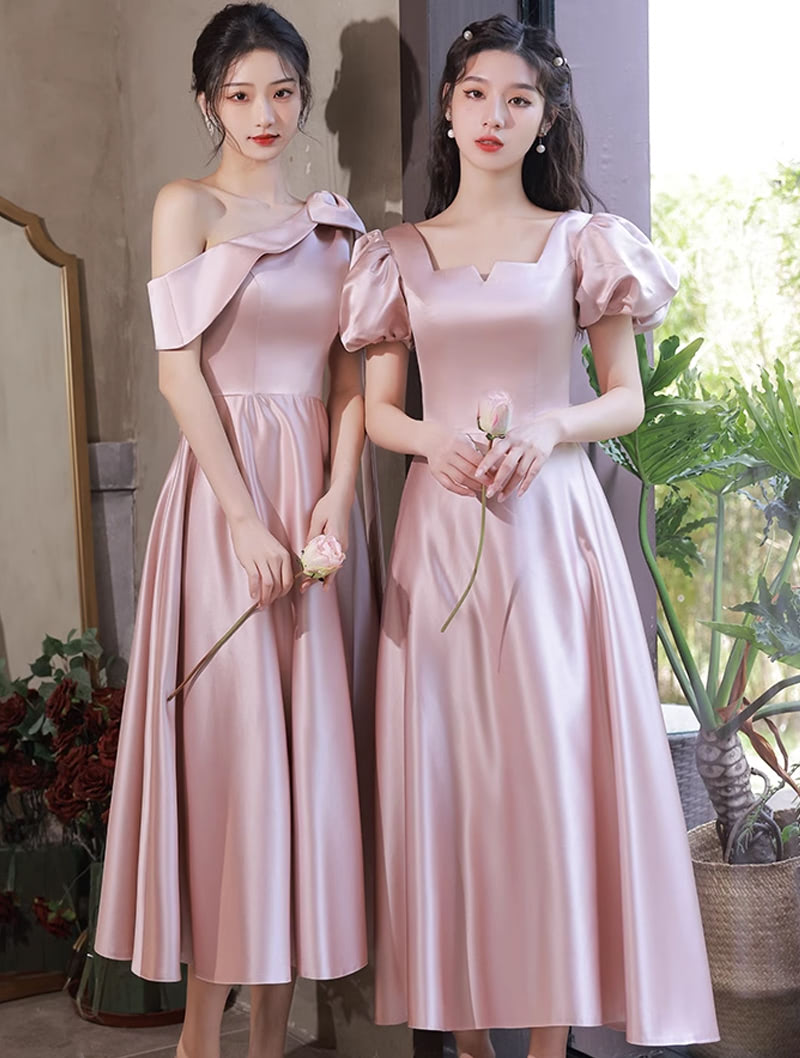 Simple Pink Satin Bridesmaid Midi Dress Homecoming Graduation Attire01