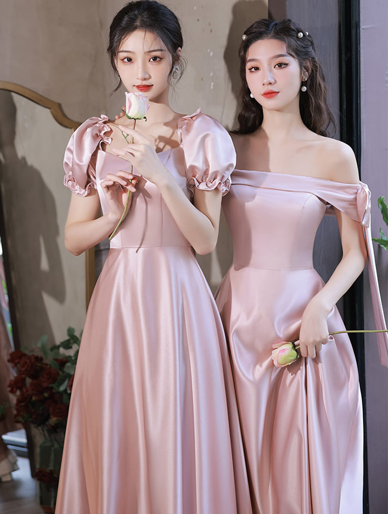 Simple Pink Satin Bridesmaid Midi Dress Homecoming Graduation Attire02