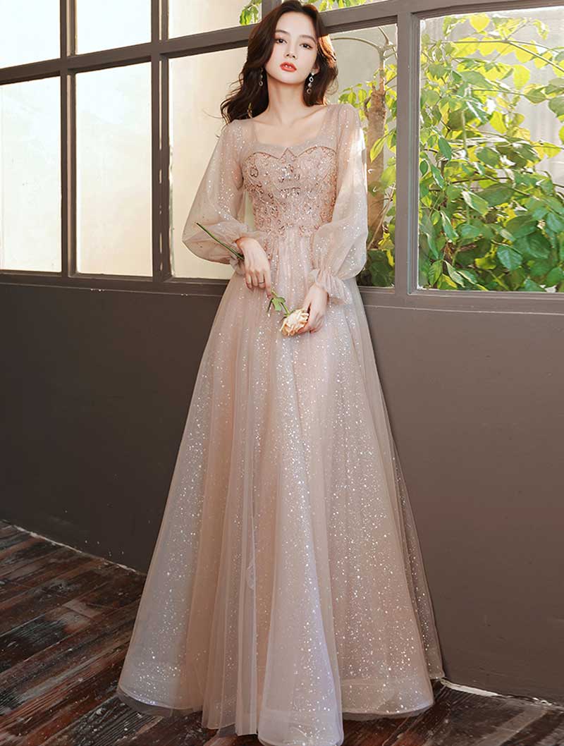 Sweet Champagne Ruffle Long Tulle Sleeve Prom Party Maxi Dress01