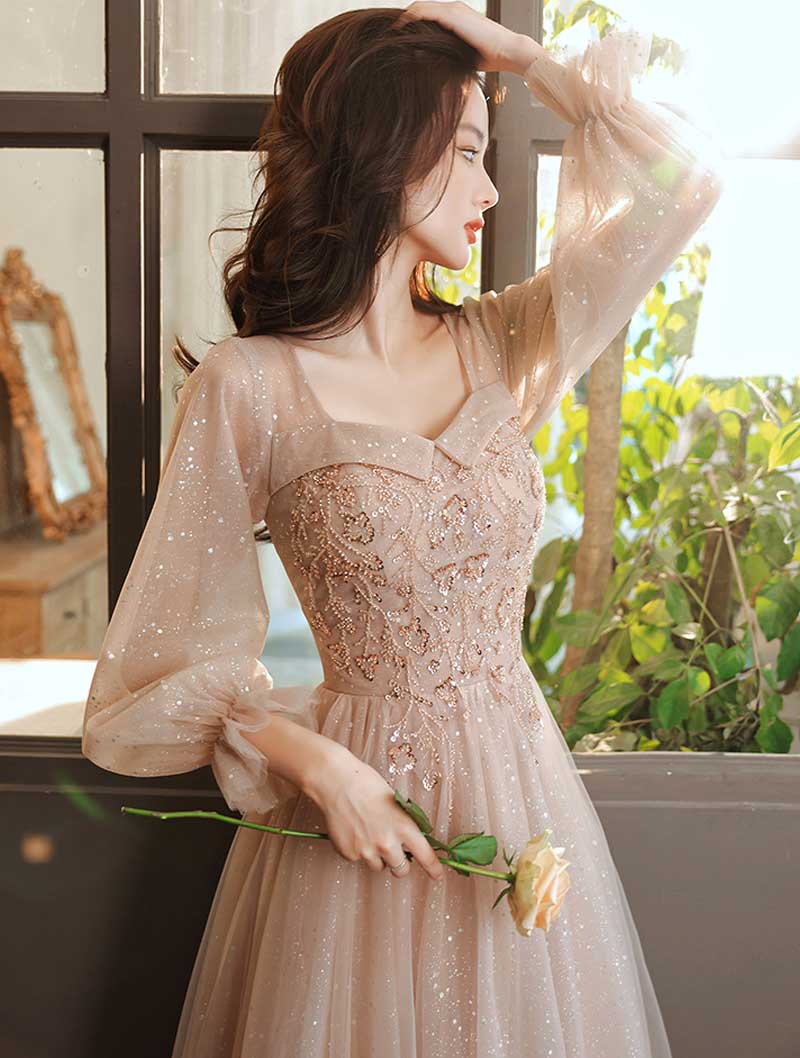 Sweet Champagne Ruffle Long Tulle Sleeve Prom Party Maxi Dress03