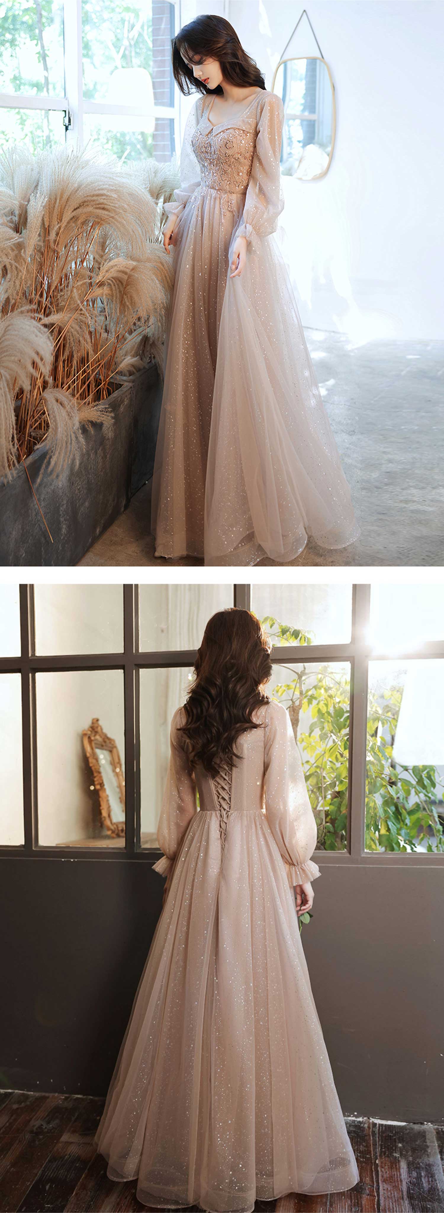 Sweet-Champagne-Ruffle-Long-Tulle-Sleeve-Prom-Party-Maxi-Dress17