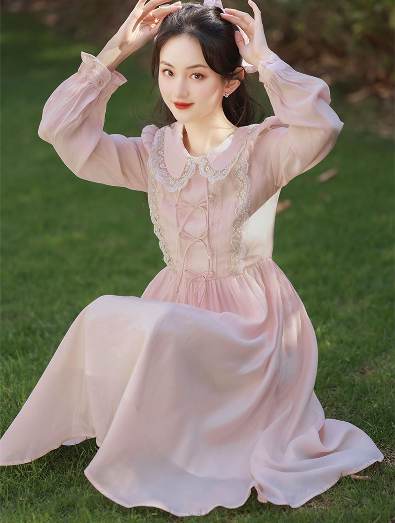 Sweet Doll Neck Long Sleeve Pink Casual Summer Maxi Dress02