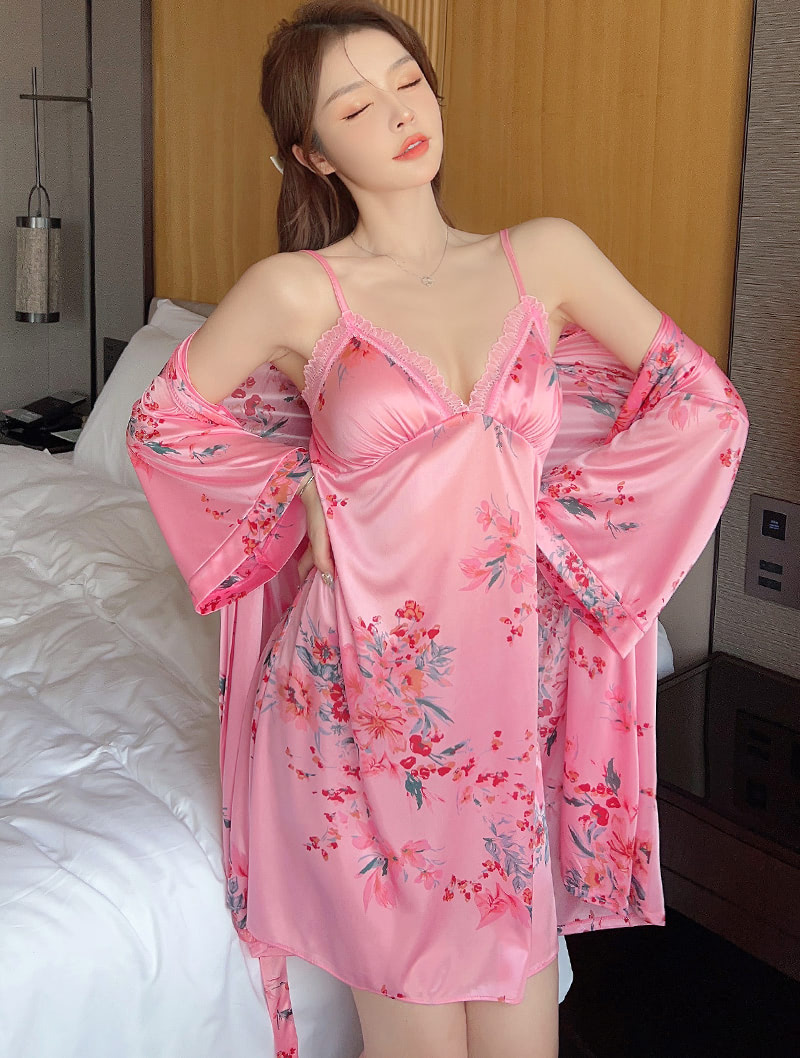 Sweet Floral Print Silky Satin Thin Robe Sleepwear Pajamas Set (4 Pcs)01