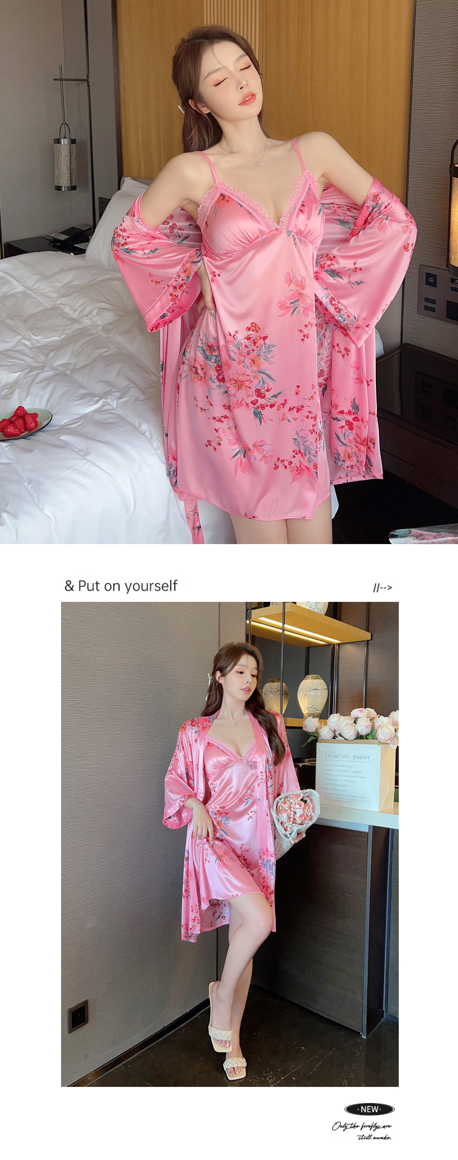 Sweet-Floral-Print-Silky-Satin-Thin-Robe-Sleepwear-Pajamas-Set-4-Pcs11