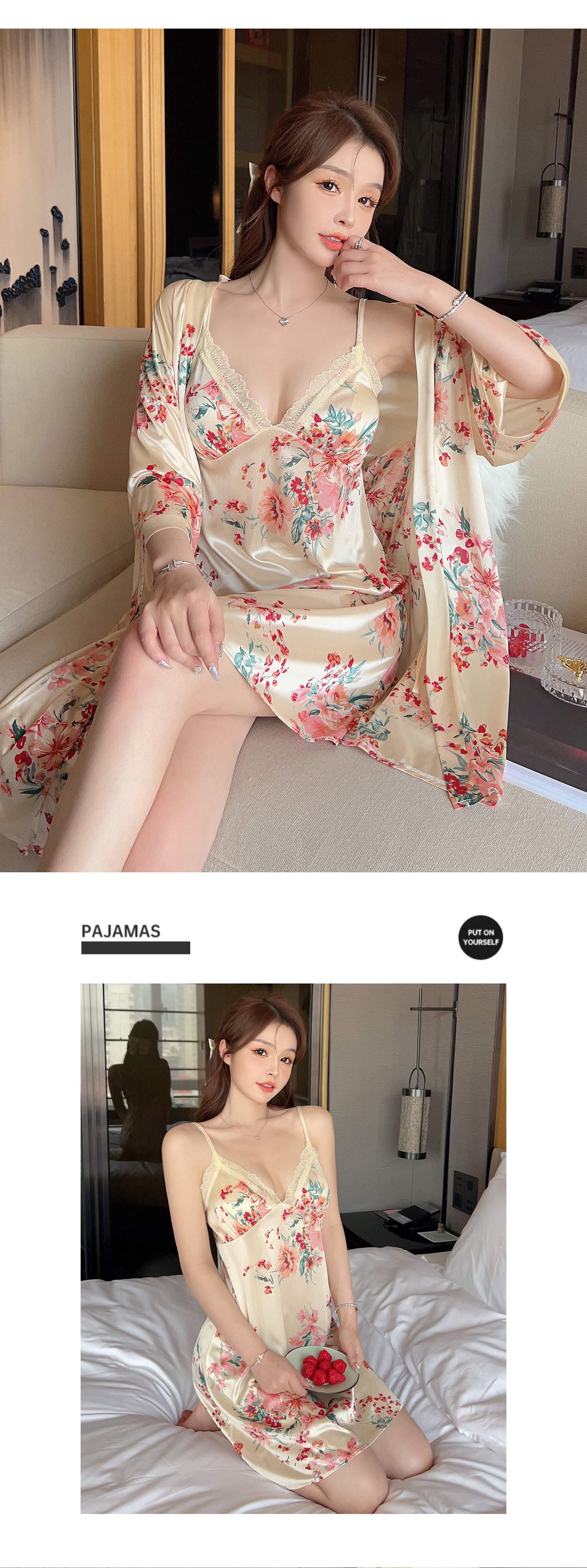 Sweet-Floral-Print-Silky-Satin-Thin-Robe-Sleepwear-Pajamas-Set-4-Pcs14