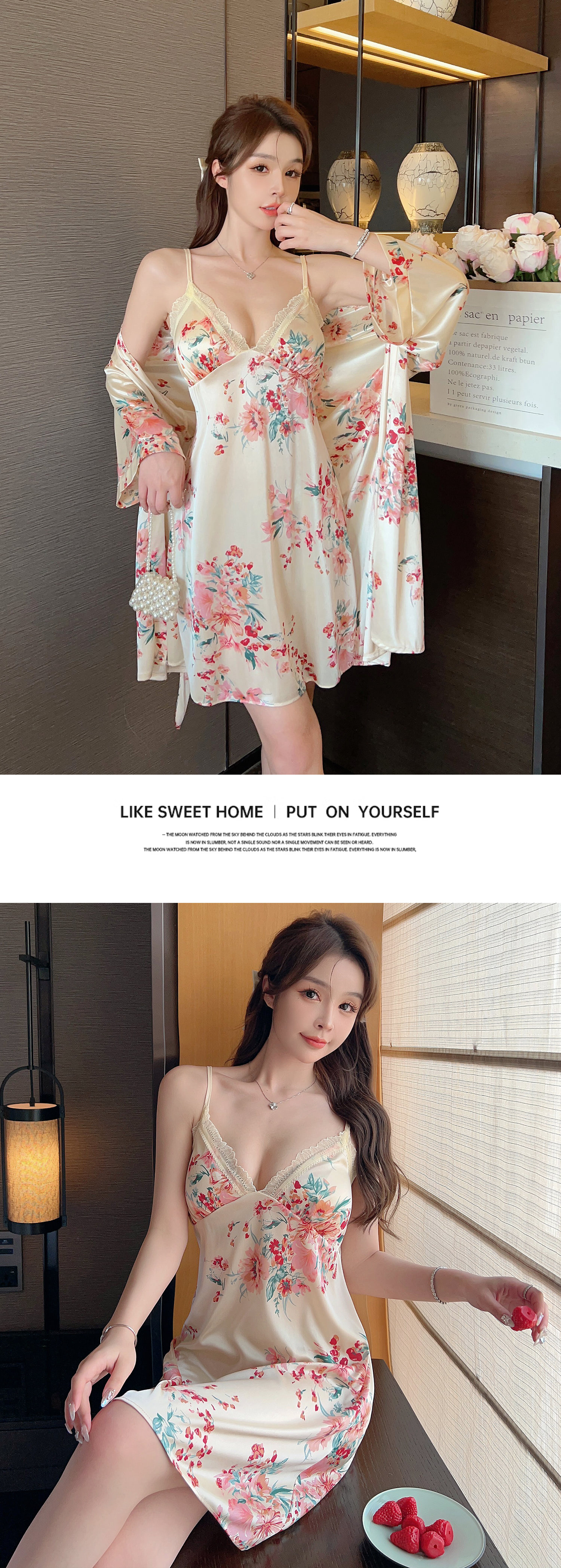 Sweet-Floral-Print-Silky-Satin-Thin-Robe-Sleepwear-Pajamas-Set-4-Pcs15