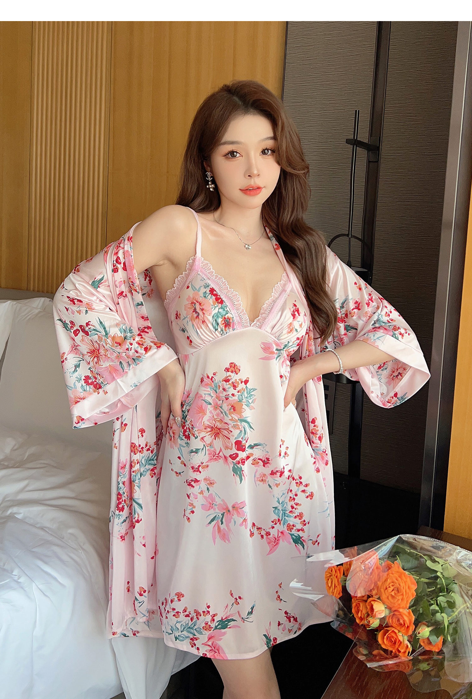 Sweet-Floral-Print-Silky-Satin-Thin-Robe-Sleepwear-Pajamas-Set-4-Pcs19