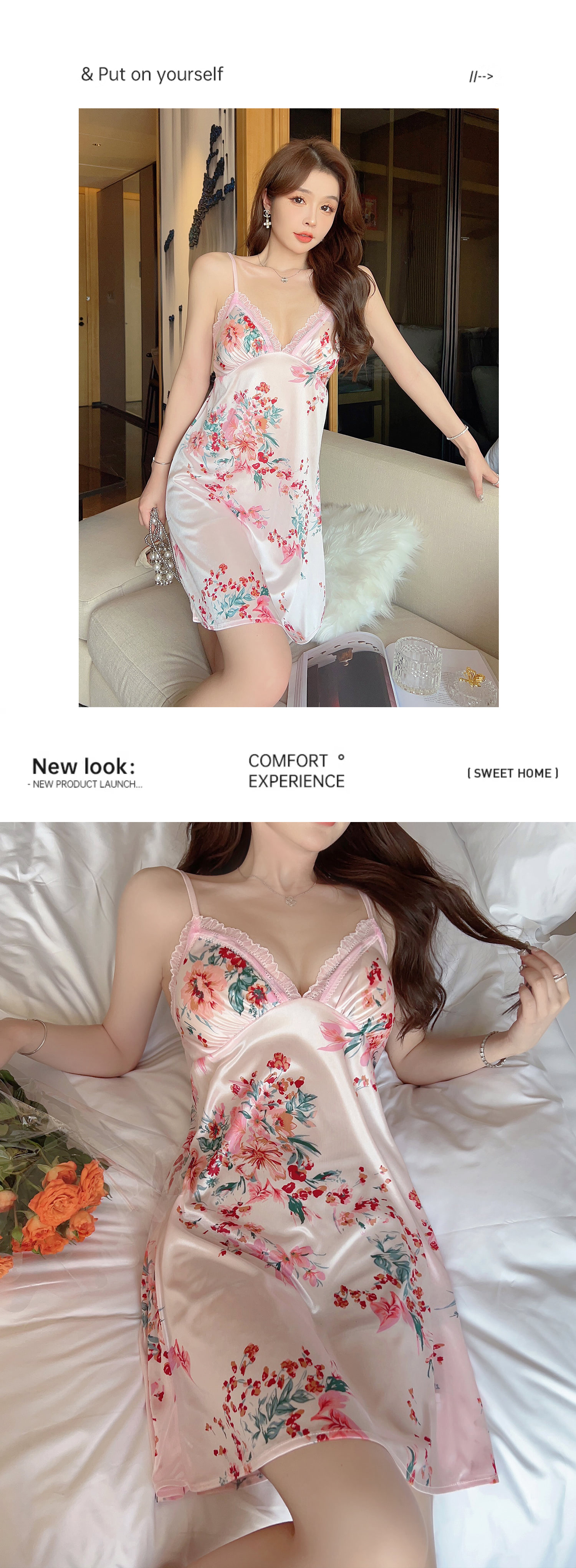 Sweet-Floral-Print-Silky-Satin-Thin-Robe-Sleepwear-Pajamas-Set-4-Pcs23