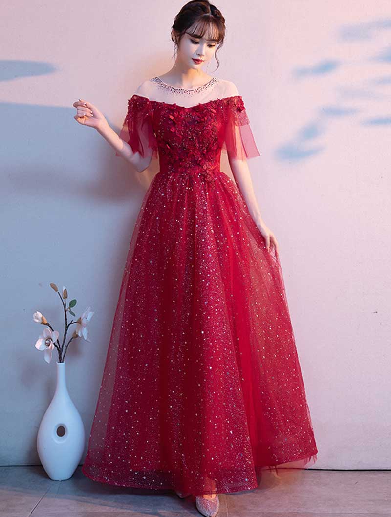 Sweet Off Shoulder Chiffon Wine Red Cocktail Prom Long Dress01