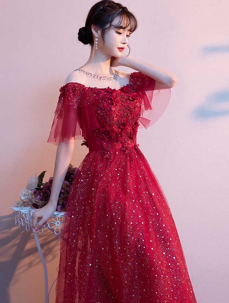 Sweet Off Shoulder Chiffon Wine Red Cocktail Prom Long Dress02
