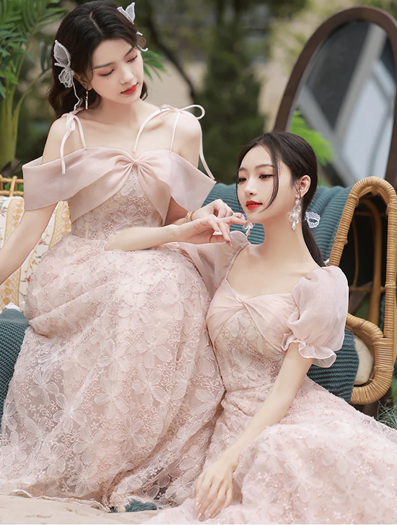 Sweet Pink Floral Long Dress for Bridesmaid Homecoming Graduation02
