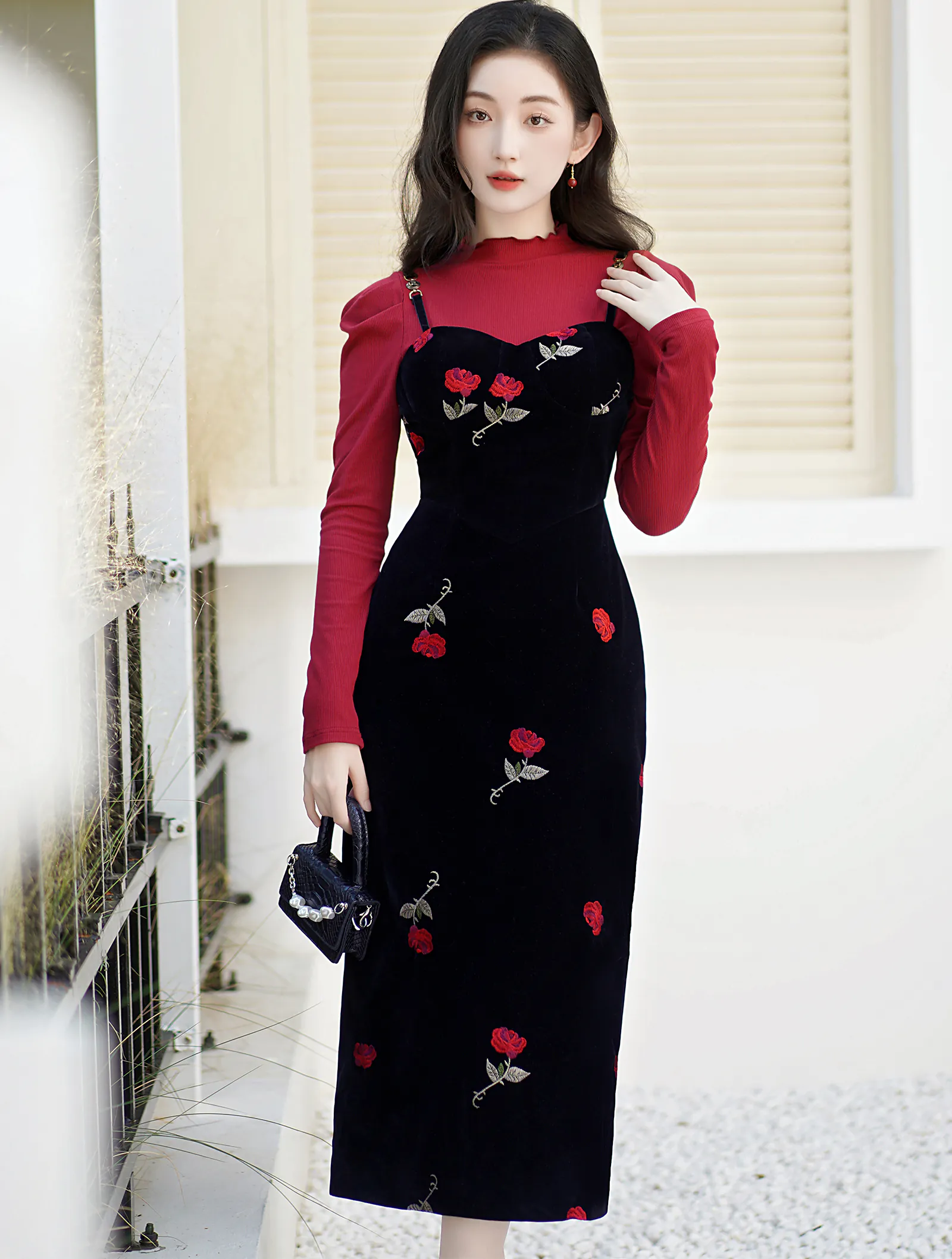 Sweet Rose Embroidery Black Slip Dress with Red Sweater Casual Outfit01