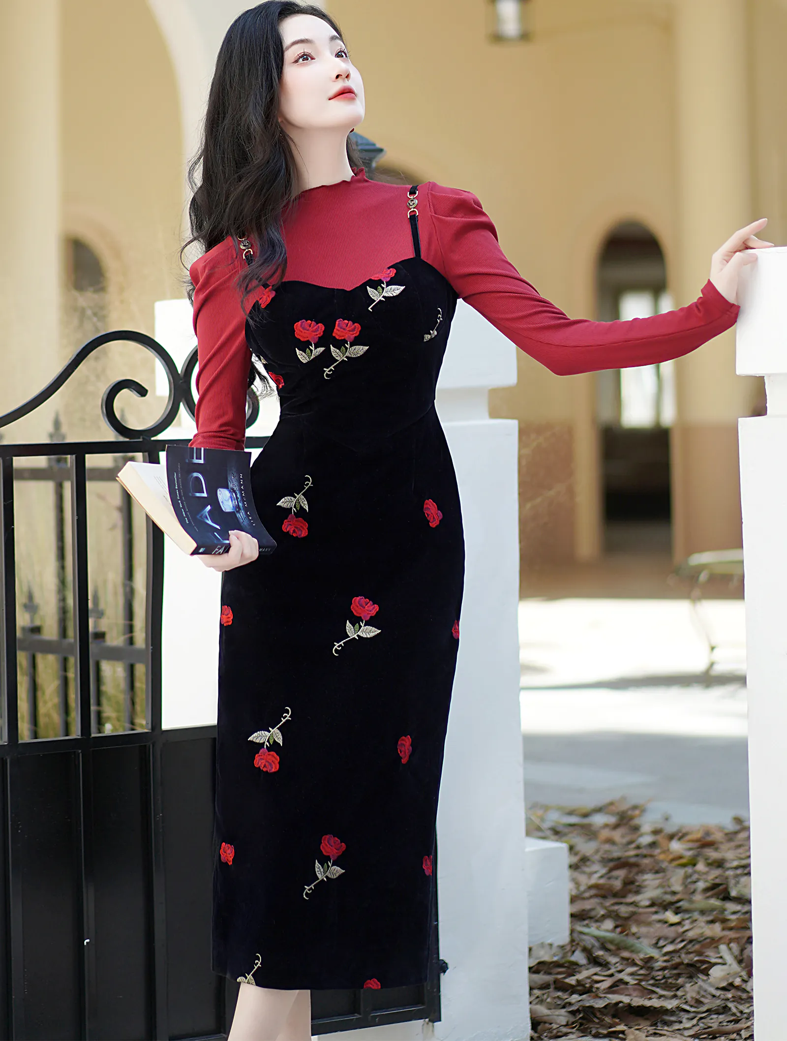 Sweet Rose Embroidery Black Slip Dress with Red Sweater Casual Outfit02