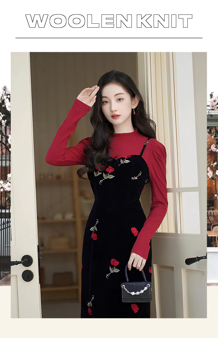 Sweet-Rose-Embroidery-Black-Slip-Dress-with-Red-Sweater-Casual-Outfit07