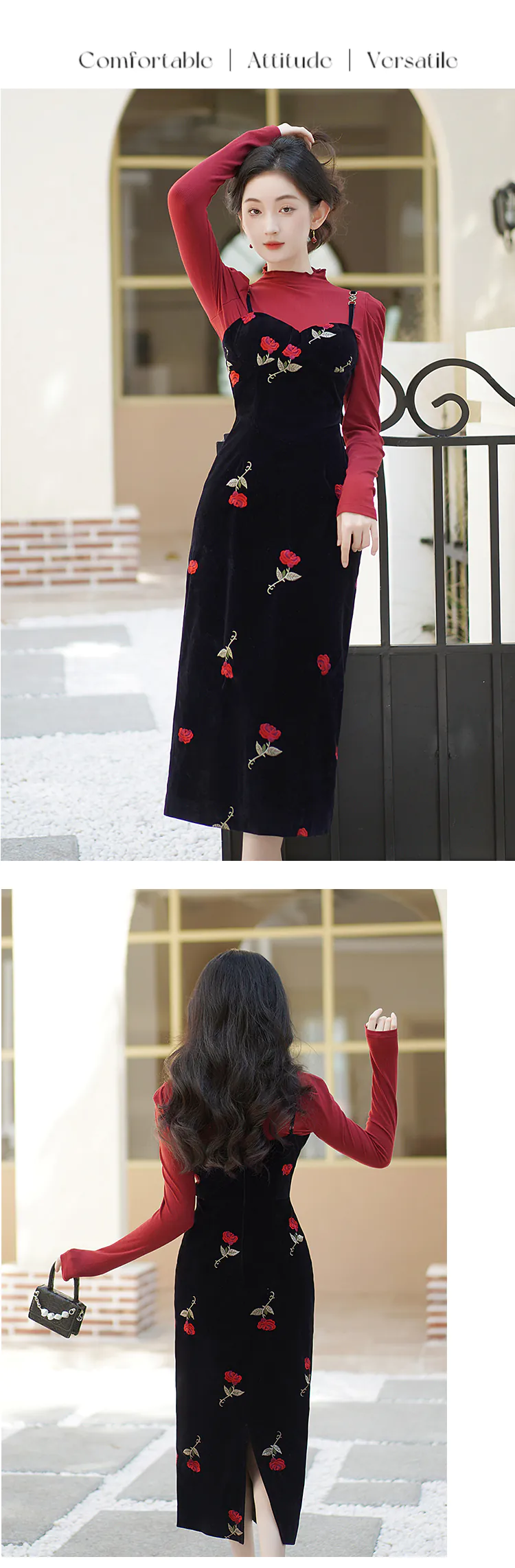 Sweet-Rose-Embroidery-Black-Slip-Dress-with-Red-Sweater-Casual-Outfit09