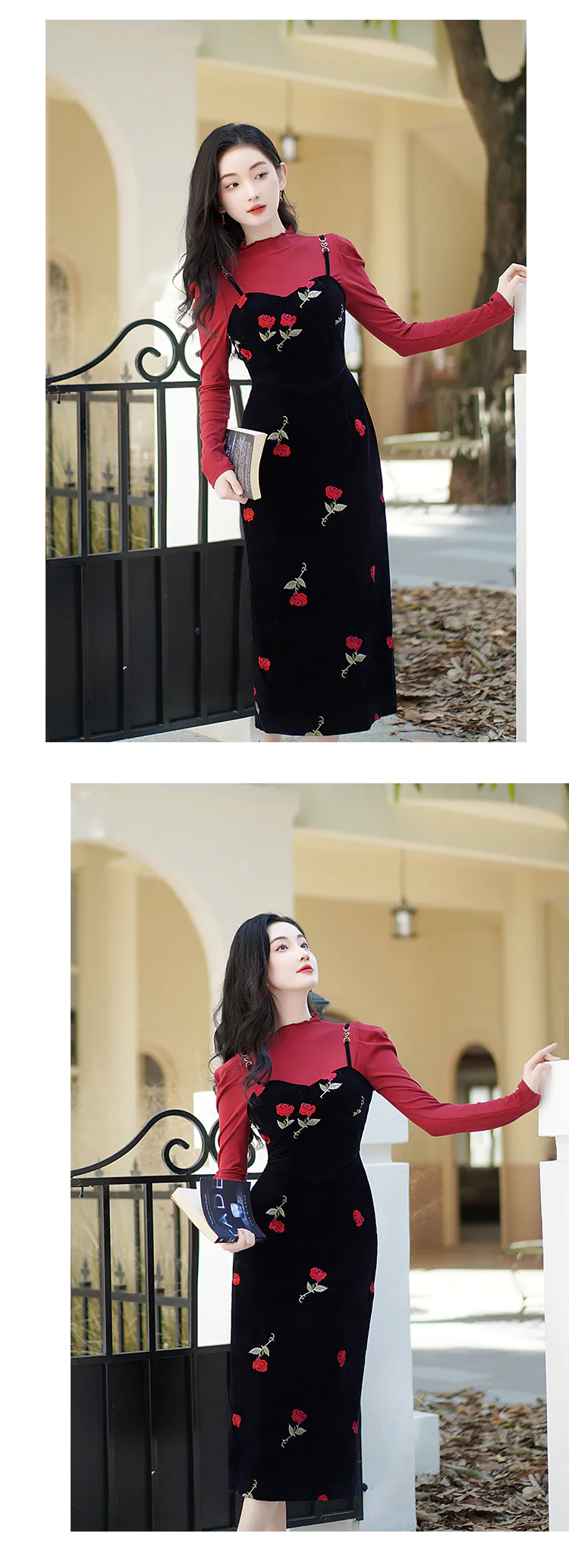 Sweet-Rose-Embroidery-Black-Slip-Dress-with-Red-Sweater-Casual-Outfit10