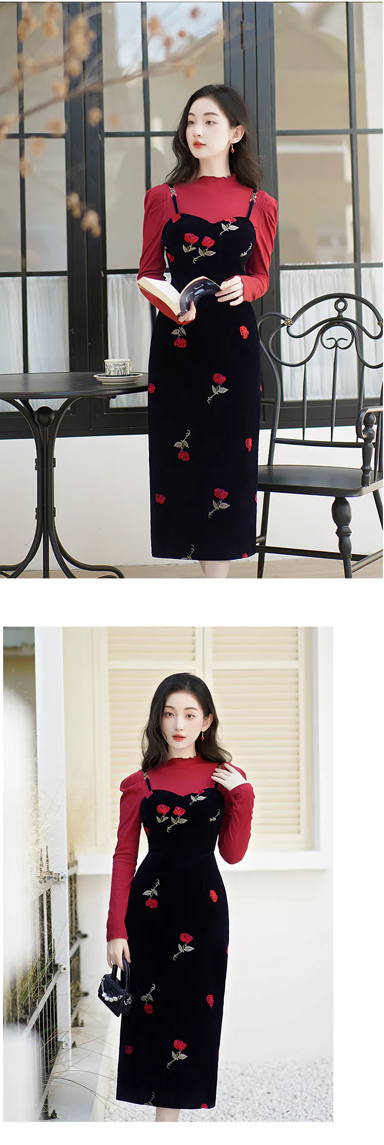 Sweet-Rose-Embroidery-Black-Slip-Dress-with-Red-Sweater-Casual-Outfit11