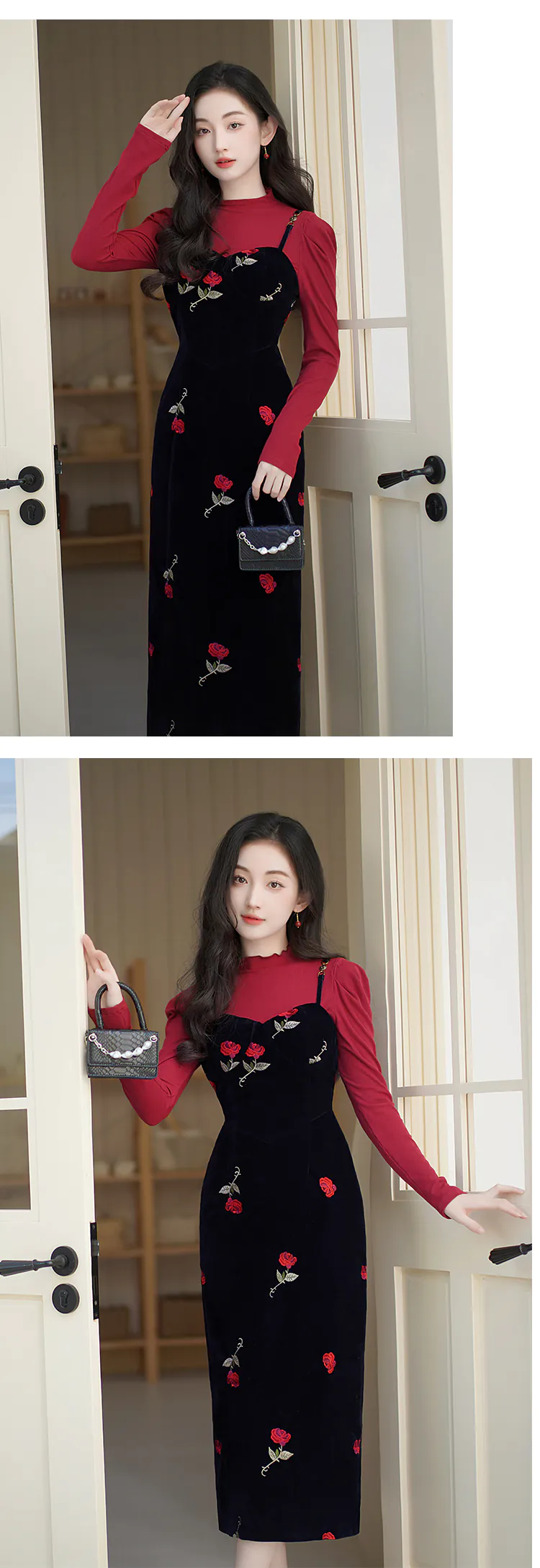 Sweet-Rose-Embroidery-Black-Slip-Dress-with-Red-Sweater-Casual-Outfit13