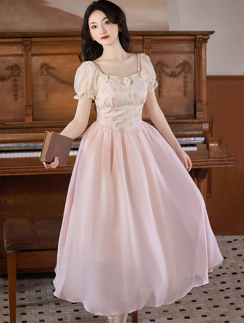Sweet Vintage Pink Jacquard Short Sleeve Summer Casual Maxi Dress01
