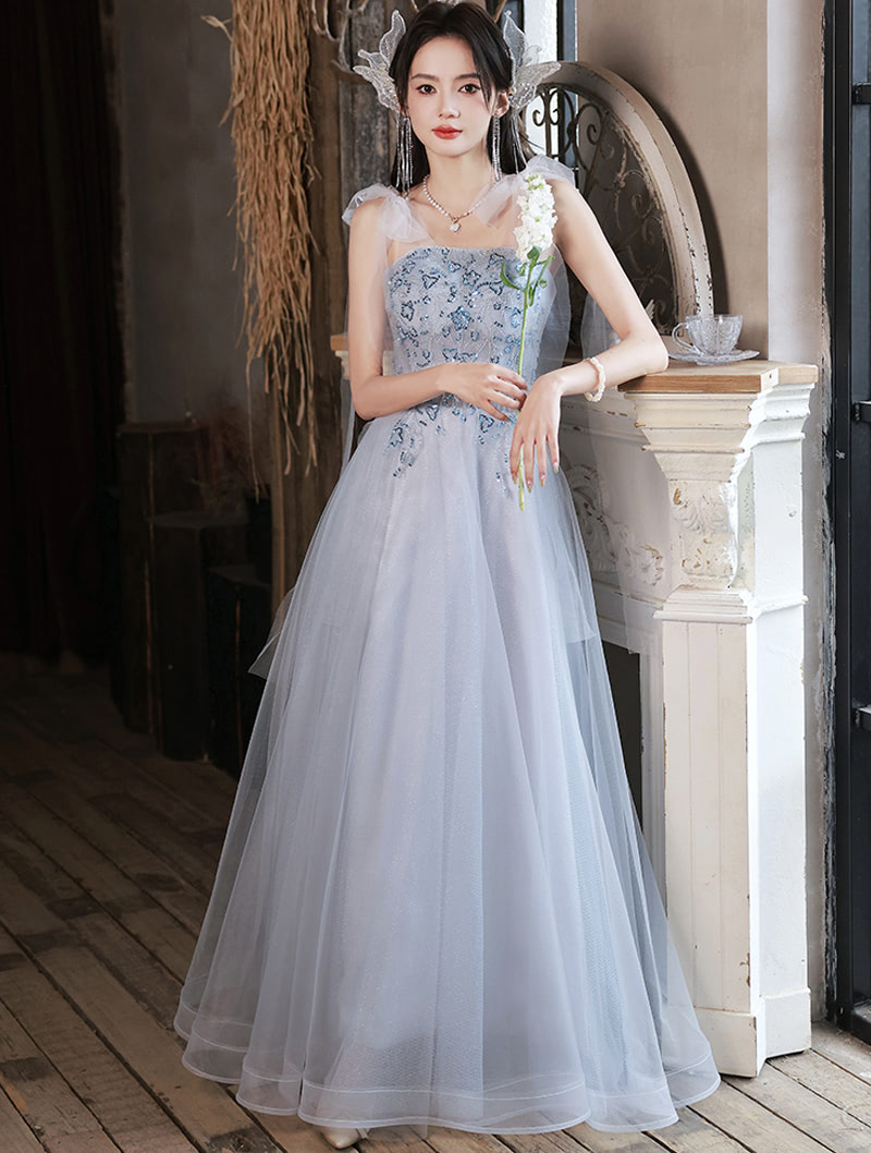 Unique Sweet Blue Tulle Birthday Party Prom Long Dress Ball Gown01
